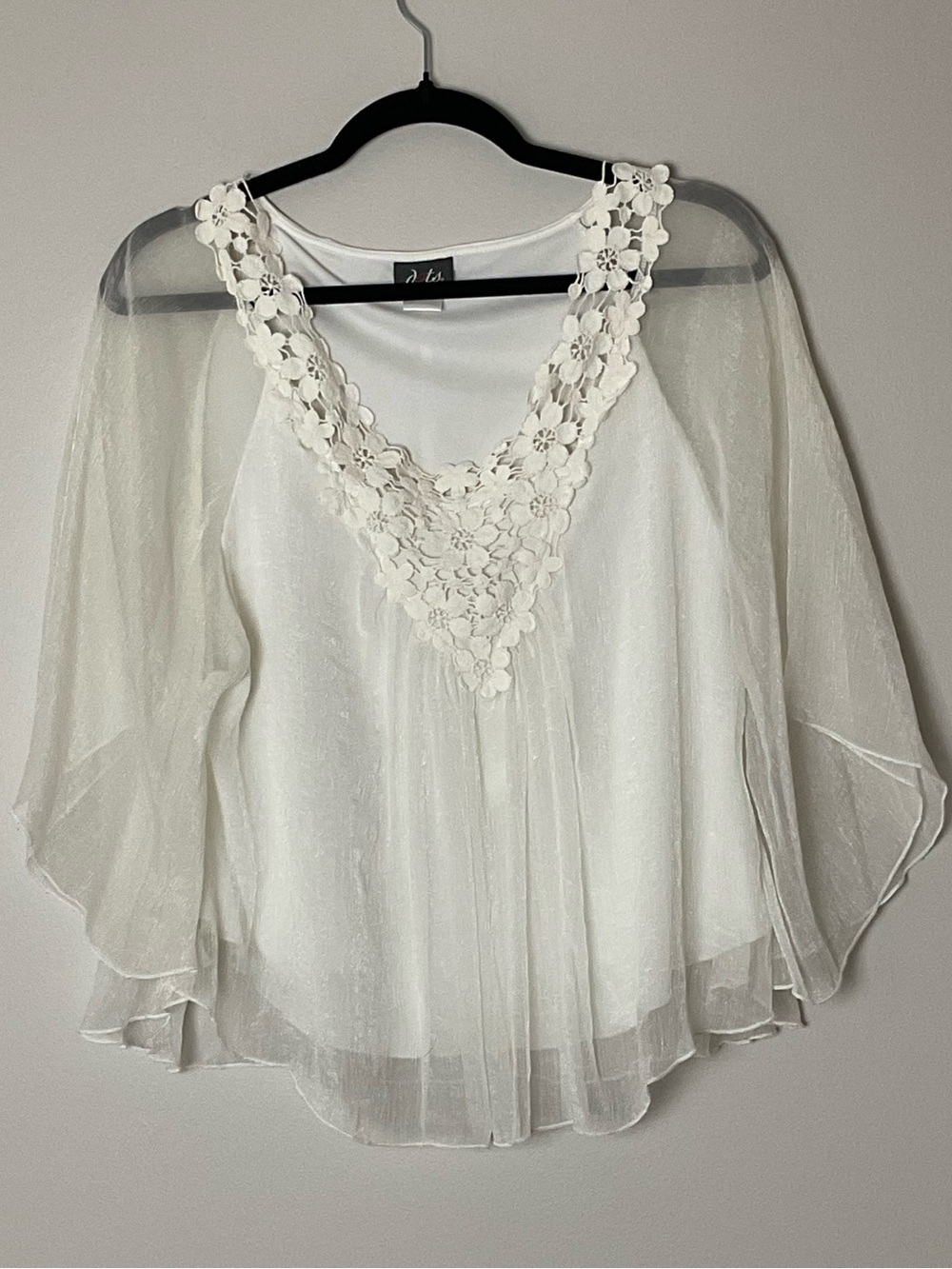 Cream Sheer Chiffon Top Floral Lace Flowy Fairycore Butterfly Boho Sleeves M